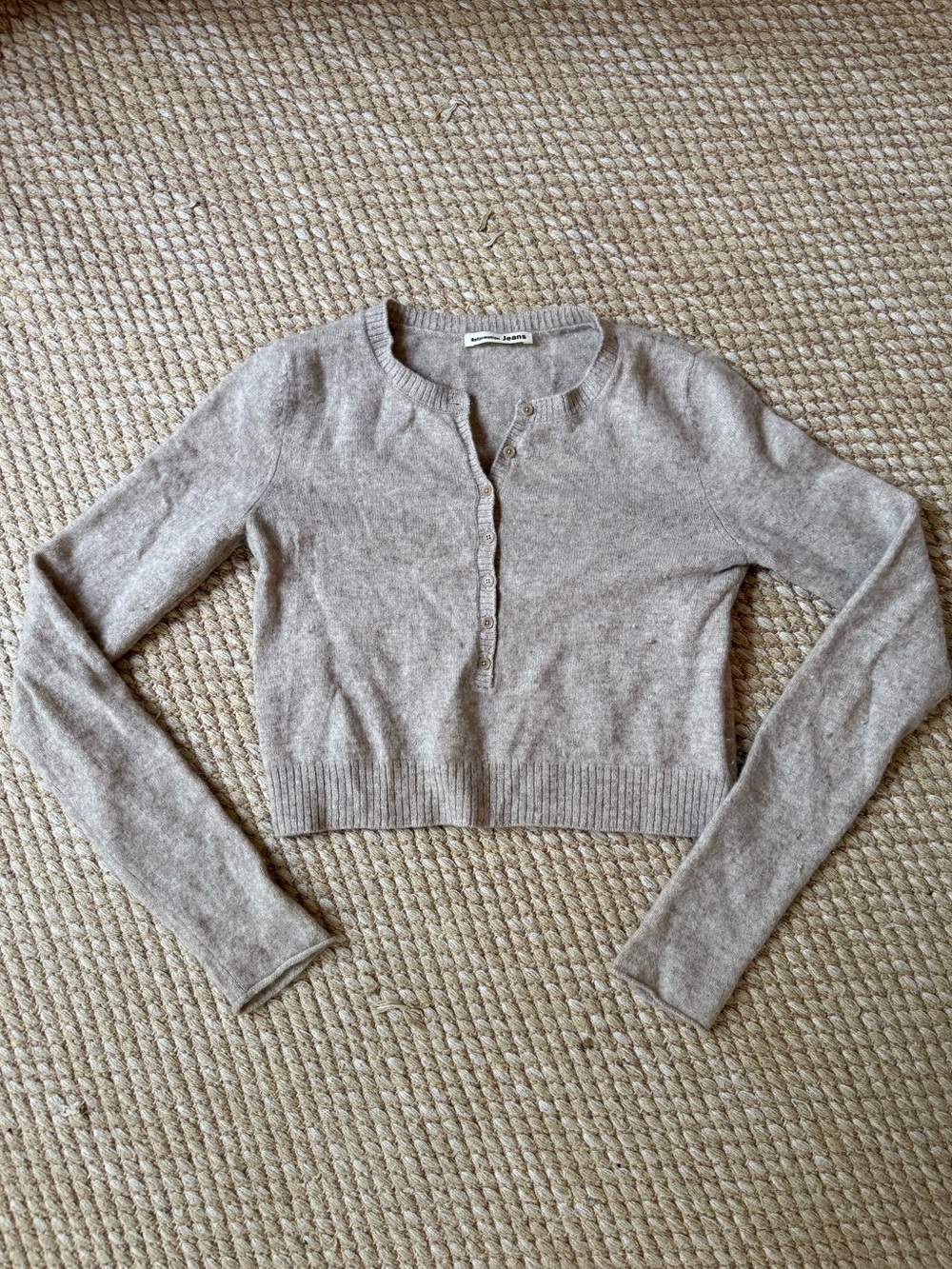 Reformation Cashmere Cropped Long-Sleeve Henley Sweater in Light Taupe